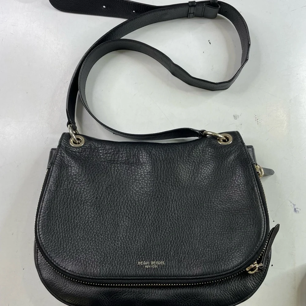 Henri Bendel Black Pebble Leather Zipper Flap Handbag Messenger Satchel Bag